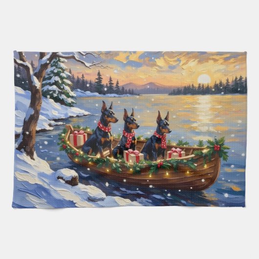 Doberman Pinscher Christmas Boat Holiday キッチンタオル (横)