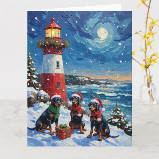 Doberman Pinscher Christmas Lighthouse Holiday カード (黄色い花)