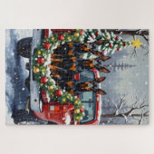 Doberman Pinscher Christmas Red Truck Holiday ジグソーパズル (横)