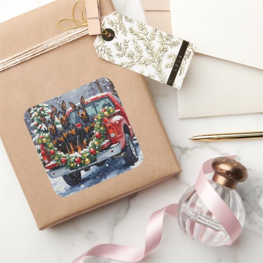 Doberman Pinscher Christmas Red Truck Holiday スクエアシール (ギフト)