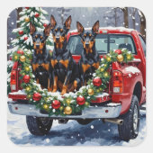 Doberman Pinscher Christmas Red Truck Holiday スクエアシール (正面)