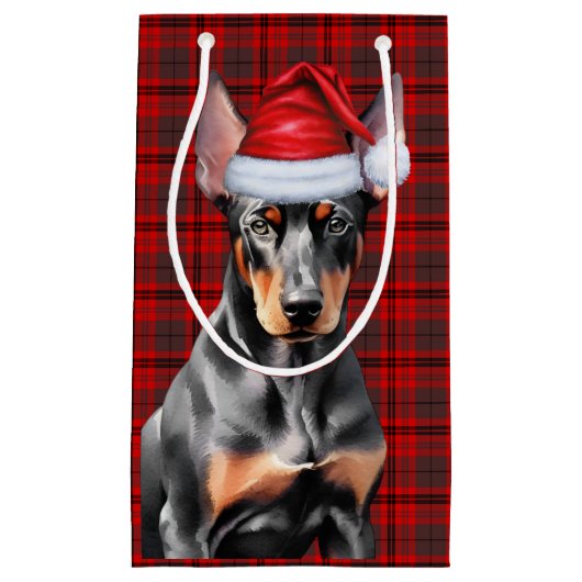 Doberman Pinscher Dog and Red Christmas Plaid スモールペーパーバッグ (正面)