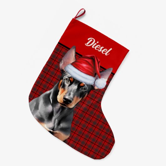Doberman Pinscher Dog Holiday Plaid Personalized ラージクリスマスストッキング (正面 (吊り時))
