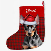 Doberman Pinscher Dog Holiday Plaid Personalized ラージクリスマスストッキング (裏面)