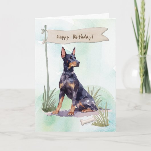 Doberman Pinscher Dog Outdoors Under Birthday Sign カード (正面)