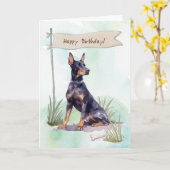 Doberman Pinscher Dog Outdoors Under Birthday Sign カード (黄色い花)