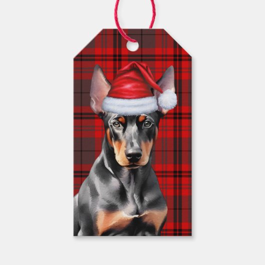Doberman Pinscher Dog Red Plaid Christmas ギフトタグ (正面)
