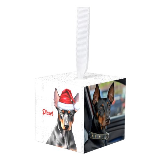 Doberman Pinscher Dog Two Photo Christmas Holiday キューブオーナメント (正面アングル)