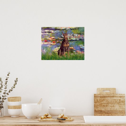 Doberman Pinscher (red) - Lilies 2 ポスター (キッチン)