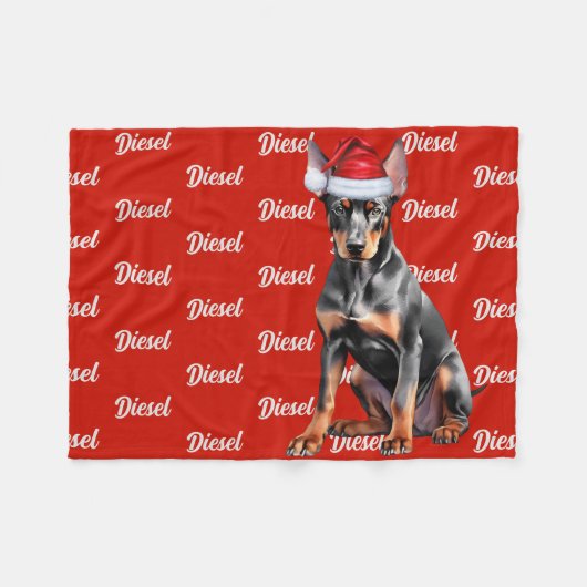 Doberman Pinscher Santa Dog Custom Name Christmas フリースブランケット (正面(横))