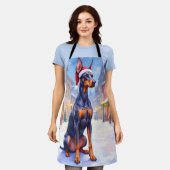 Doberman Pinscher Snowy Village Santa Hat Christma エプロン (着用した状態)