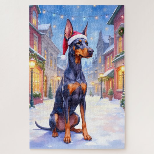 Doberman Pinscher Snowy Village Santa Hat Christma ジグソーパズル (縦)