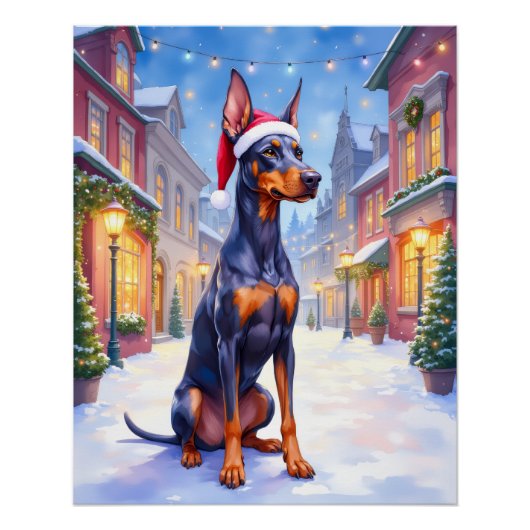 Doberman Pinscher Snowy Village Santa Hat Christma ポスター (正面)