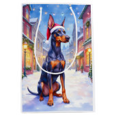 Doberman Pinscher Snowy Village Santa Hat Christma ミディアムペーパーバッグ (正面)