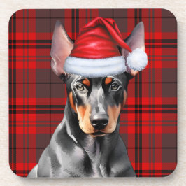 Doberman Pinscher with Seasonal Red Holiday Plaid コースター