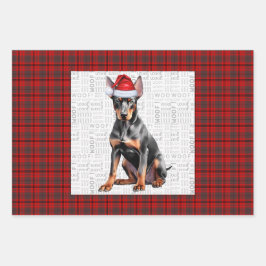 Doberman Pinshcer Christmas Dog and Red Plaid ラッピングペーパーシート
