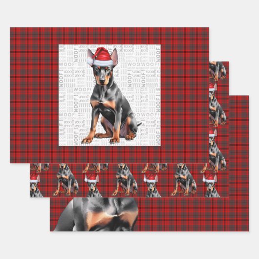 Doberman Pinshcer Christmas Dog and Red Plaid ラッピングペーパーシート (セット)