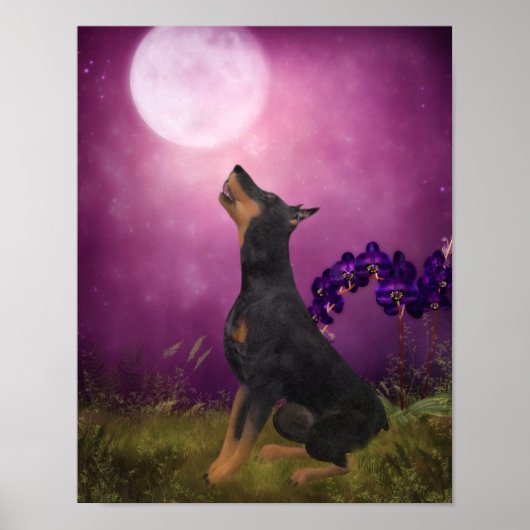 Doberman Purple Fantasy Orchids Dog Art ポスター (正面)