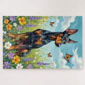 Doberman Spring Meadow Floral Dog ジグソーパズル (横)
