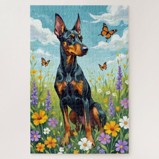Doberman Spring Meadow Floral Dog ジグソーパズル (縦)