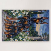 Doberman Twilight Lily Garden Art ジグソーパズル (横)