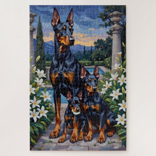 Doberman Twilight Lily Garden Art ジグソーパズル (縦)