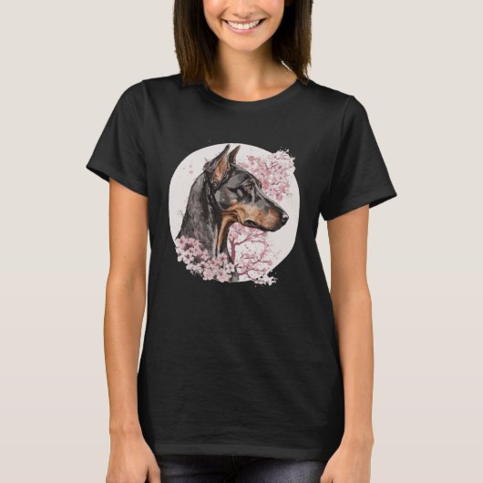 Dobermann Cherry Blossom Dog Breed Japanese Waterc Tシャツ (正面)