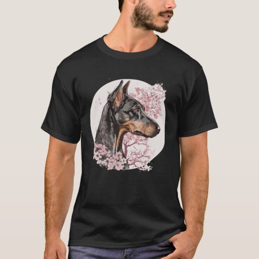 Dobermann Cherry Blossom Dog Breed Japanese Waterc Tシャツ (正面)