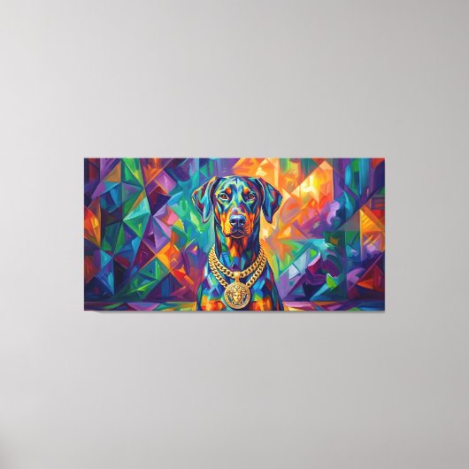 Dobermann mit Goldkette Pop Art Portrait キャンバスプリント (正面)