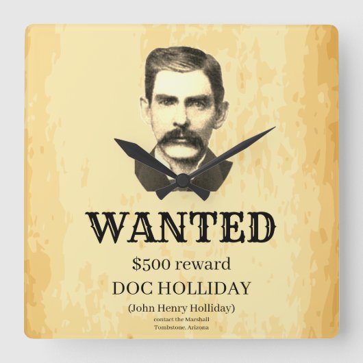 Doc Holliday 💰ヴィンテージ外法指名手配ポスター スクエア壁時計 (正面)