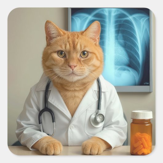Doctor Ginger Cat With Stethoscope スクエアシール (正面)