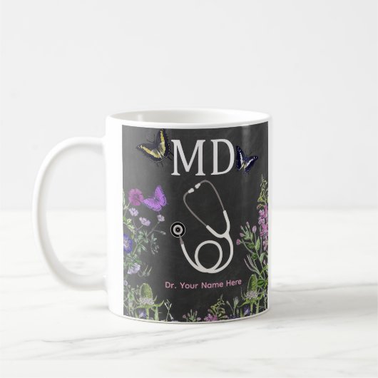 Doctor MD Stethoscope Floral Personalized コーヒーマグカップ (左)