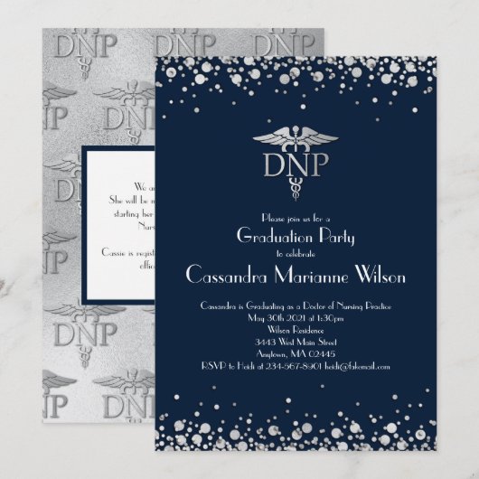Doctor Nursing Practice Graduation NavyBlue Silver 招待状 (正面/裏面)