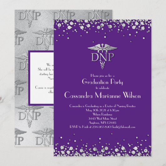 Doctor Nursing Practice Graduation Purple Silver 招待状 (正面/裏面)