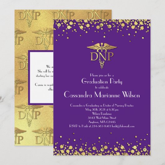 Doctor of Nursing Practice Graduation Purple Gold 招待状 (正面/裏面)