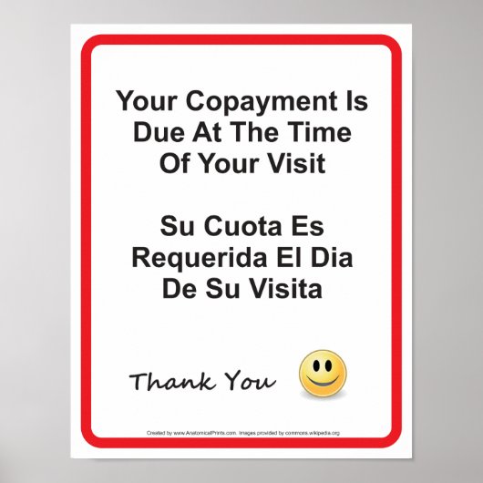 Doctor Office Copayment Wall Sign スペインの English ポスター (正面)