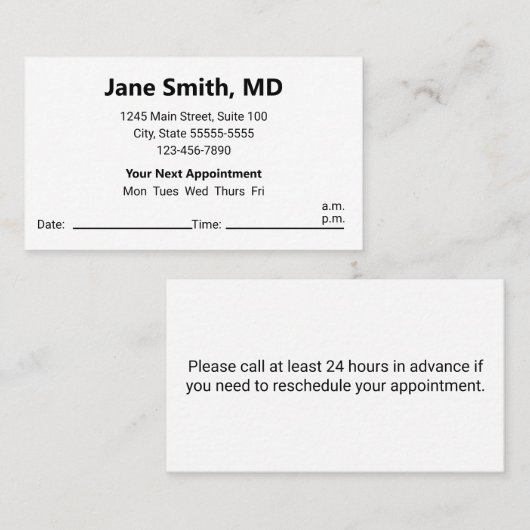 Doctors Office白黒アポイントメントのアラーム 予約カード (正面/裏面)