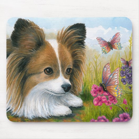 Dog 123 Papillon dog with Butterflies マウスパッド (正面)