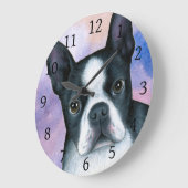 Dog 128 Boston Terrier Pink Blue背景 ラージ壁時計 (傾斜)