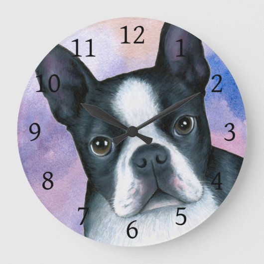 Dog 128 Boston Terrier Pink Blue背景 ラージ壁時計 (正面)