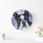 Dog 128 Boston Terrier Pink Blue背景 ラージ壁時計 (ホーム)