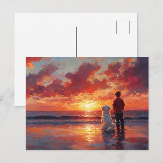 Dog and Boy Watching Sunset on the Beach ポストカード (正面/裏面)