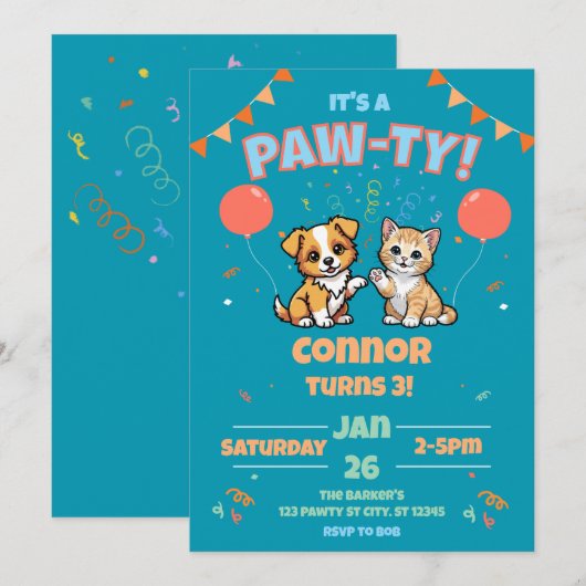 Dog and Cat Birthday Paw-ty  招待状 (正面/裏面)