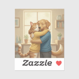 Dog and Cat Hug Custom-Cut Vinyl Sticker シール