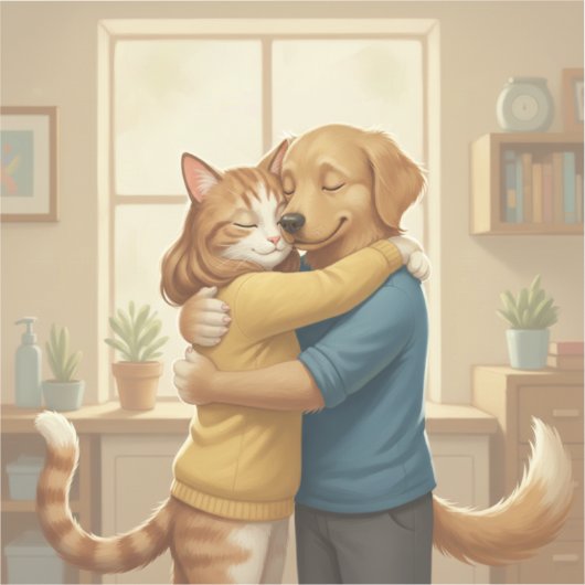 Dog and Cat Hug Custom-Cut Vinyl Sticker シール (正面)