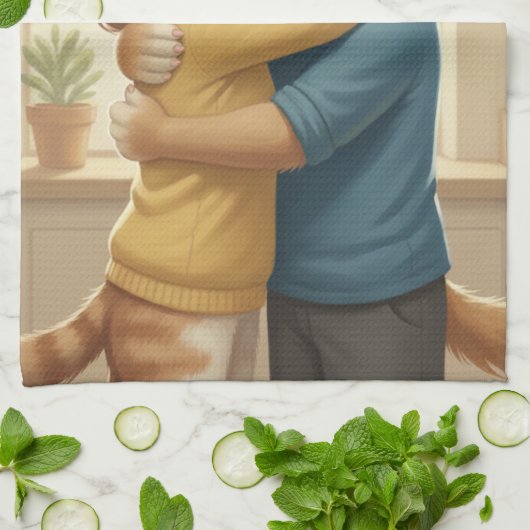 Dog and Cat Hug Kitchen Towel キッチンタオル (折り畳み)