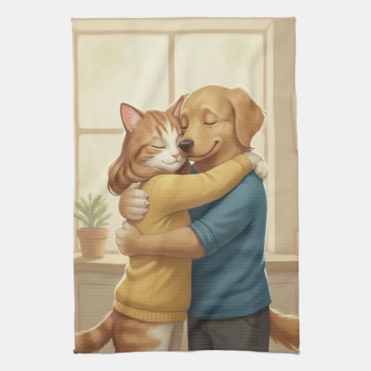 Dog and Cat Hug Kitchen Towel キッチンタオル (縦)