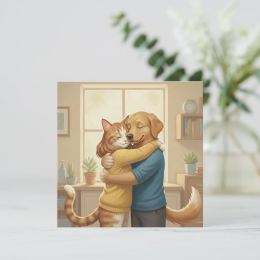 Dog and Cat Hug Square Invitation 招待状 (スタンド正面)