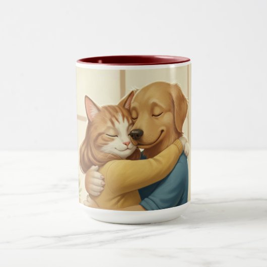 Dog and Cat Hug Wrap-Around Two-Tone Mug マグカップ (中央)