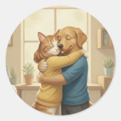 Dog and Cat Hugging Classic Round Sticker ラウンドシール (正面)